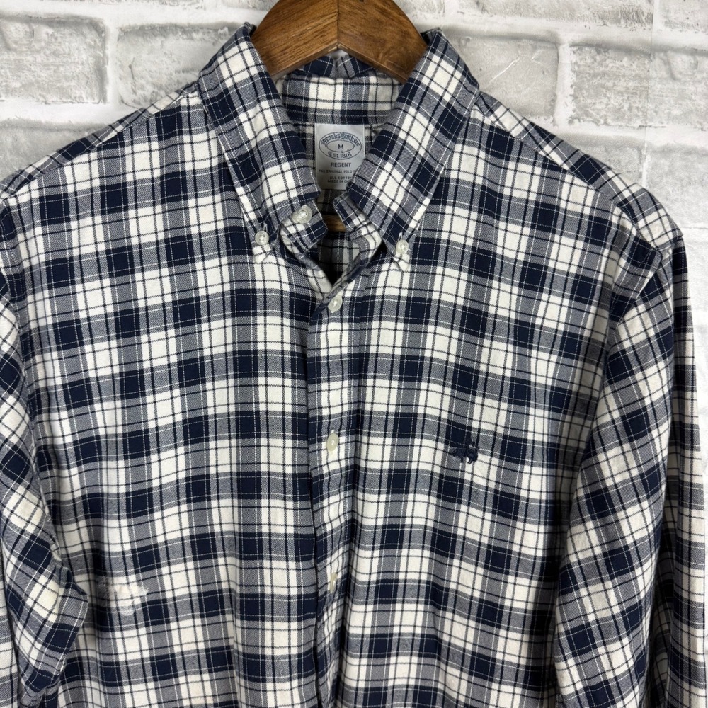 Brooks Brothers Regent Plaid Button Down Shirt Mens Medium Navy White FLAWED